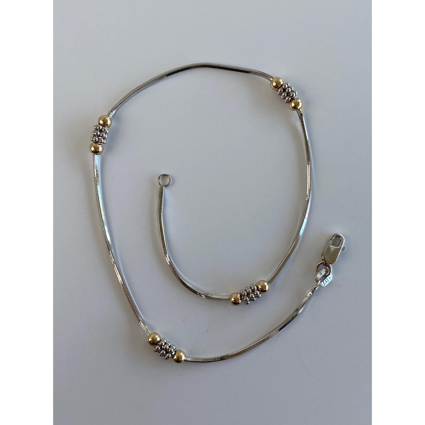 Vintage Solid 14k White & Yellow Gold Bead Square Snake Chain Anklet - 9.75 inches