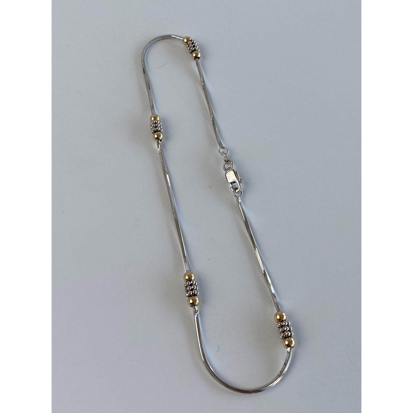 Vintage Solid 14k White & Yellow Gold Bead Square Snake Chain Anklet - 9.75 inches
