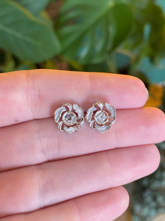 Vintage Solid 14k White Gold Diamond Flower Studs