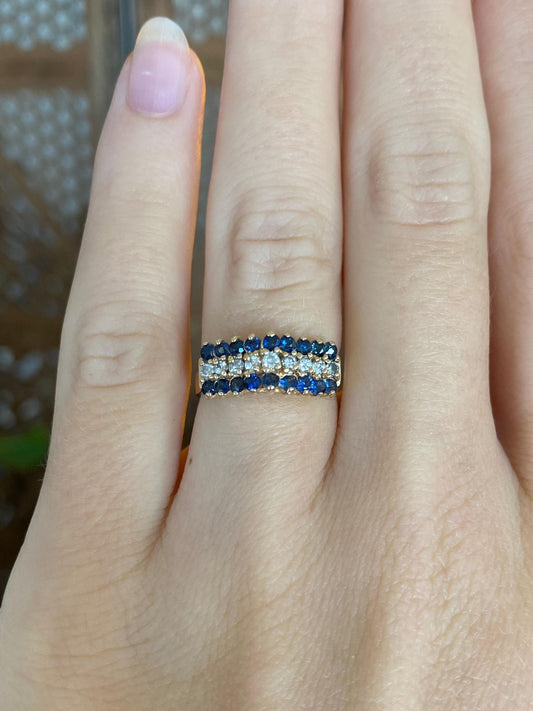 Vintage Solid 14k Yellow Gold Blue Spinel Diamond Ring - Size 5
