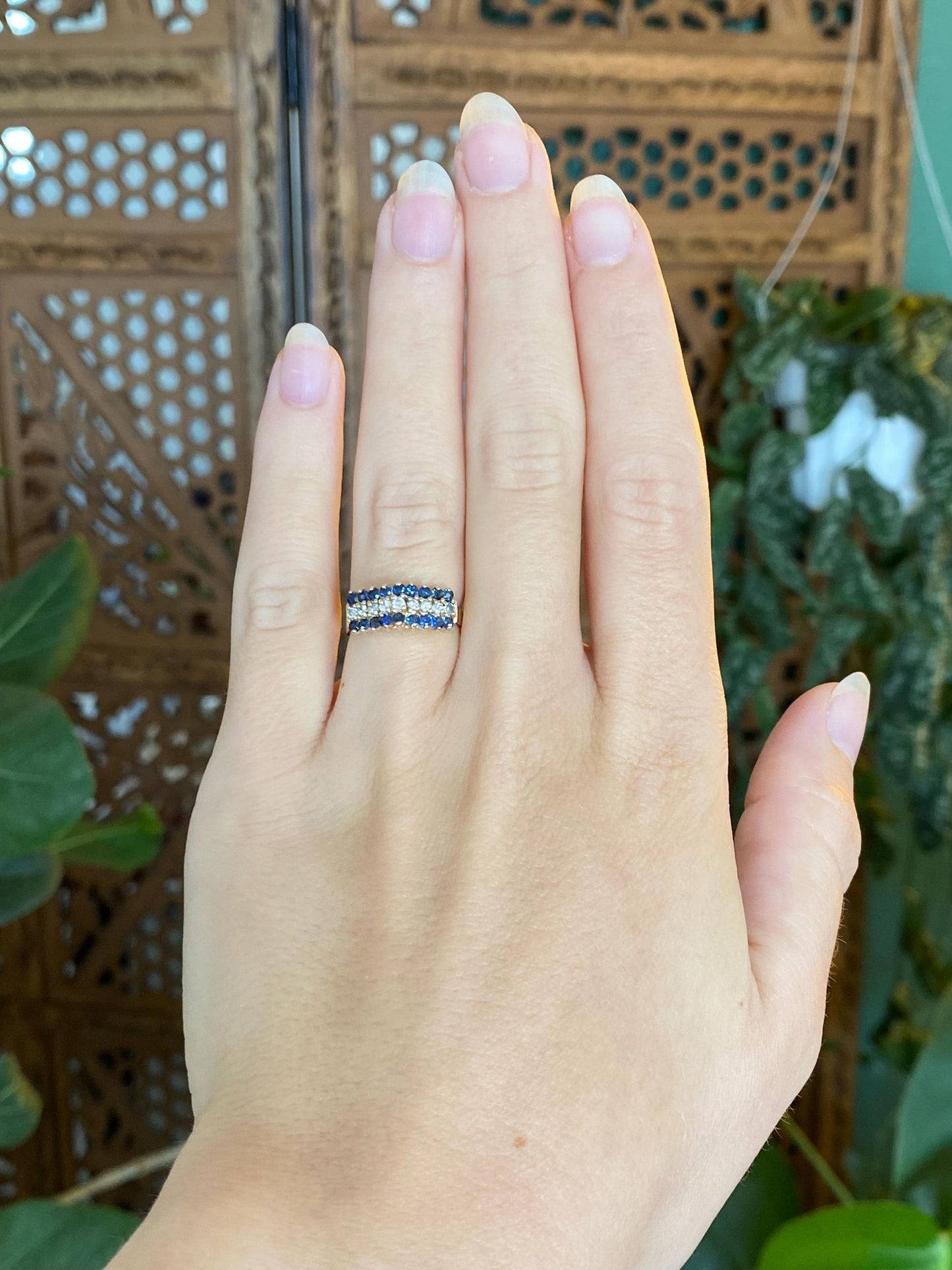 Vintage Solid 14k Yellow Gold Blue Spinel Diamond Ring - Size 5