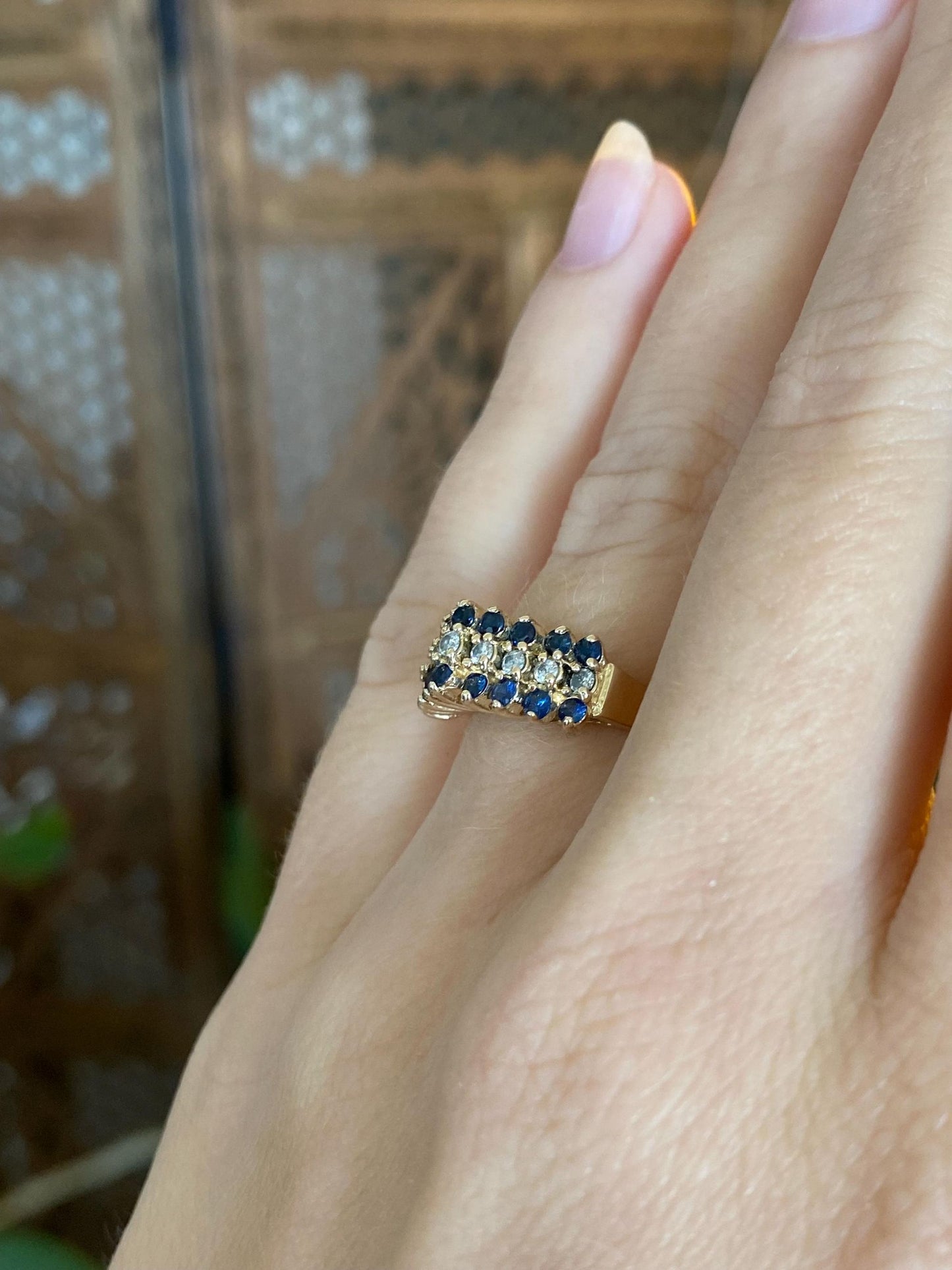 Vintage Solid 14k Yellow Gold Blue Spinel Diamond Ring - Size 5