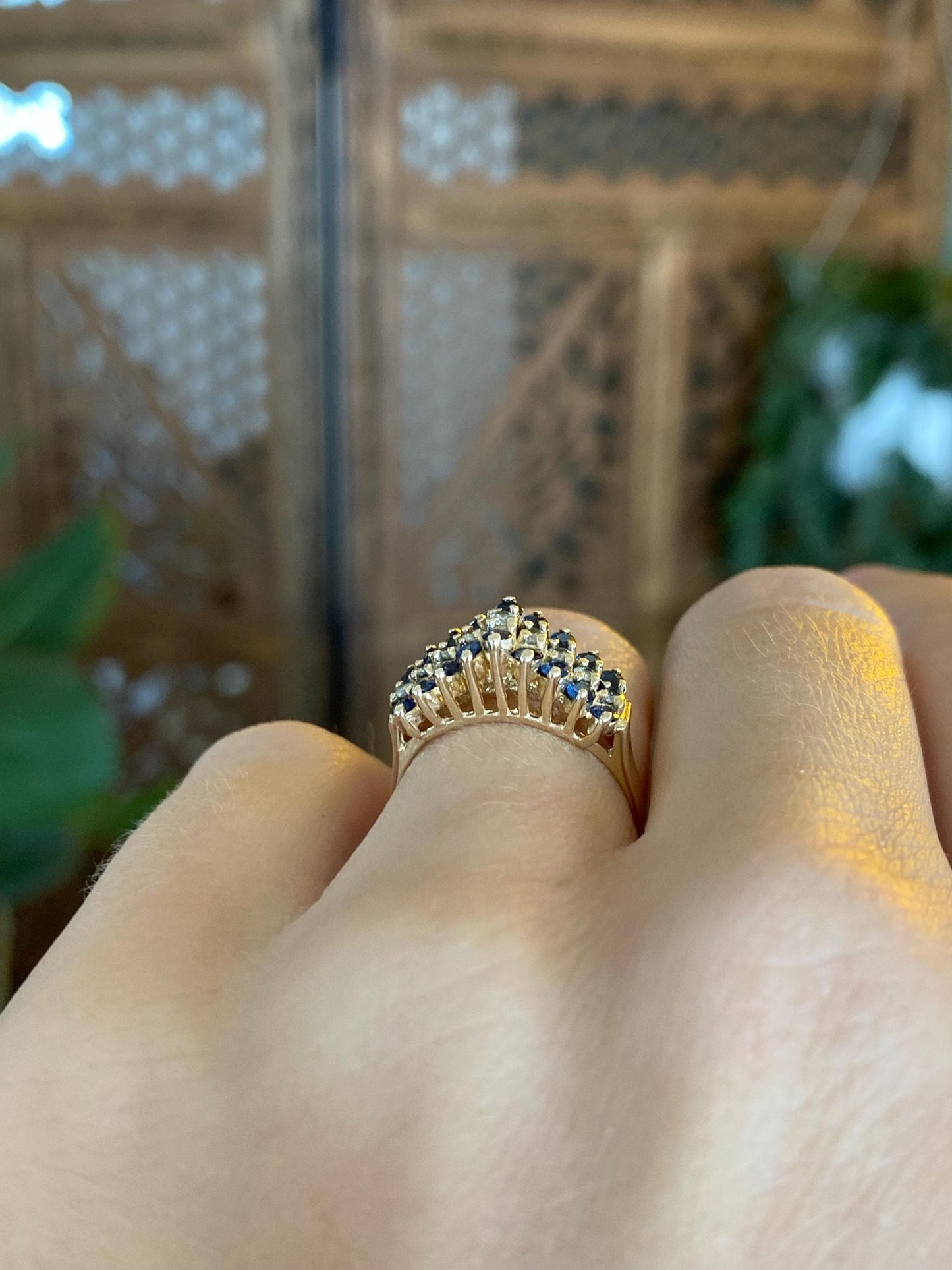 Vintage Solid 14k Yellow Gold Blue Spinel Diamond Ring - Size 5