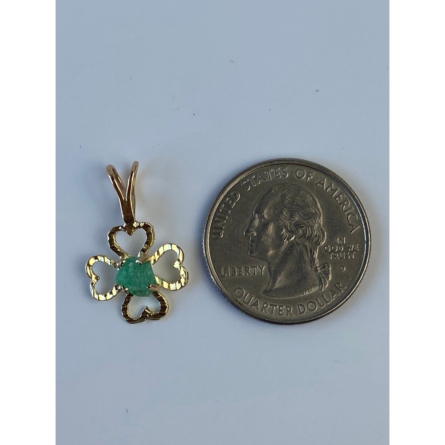Vintage Solid 14k Yellow Gold Raw Emerald Four Leaf Clover Charm
