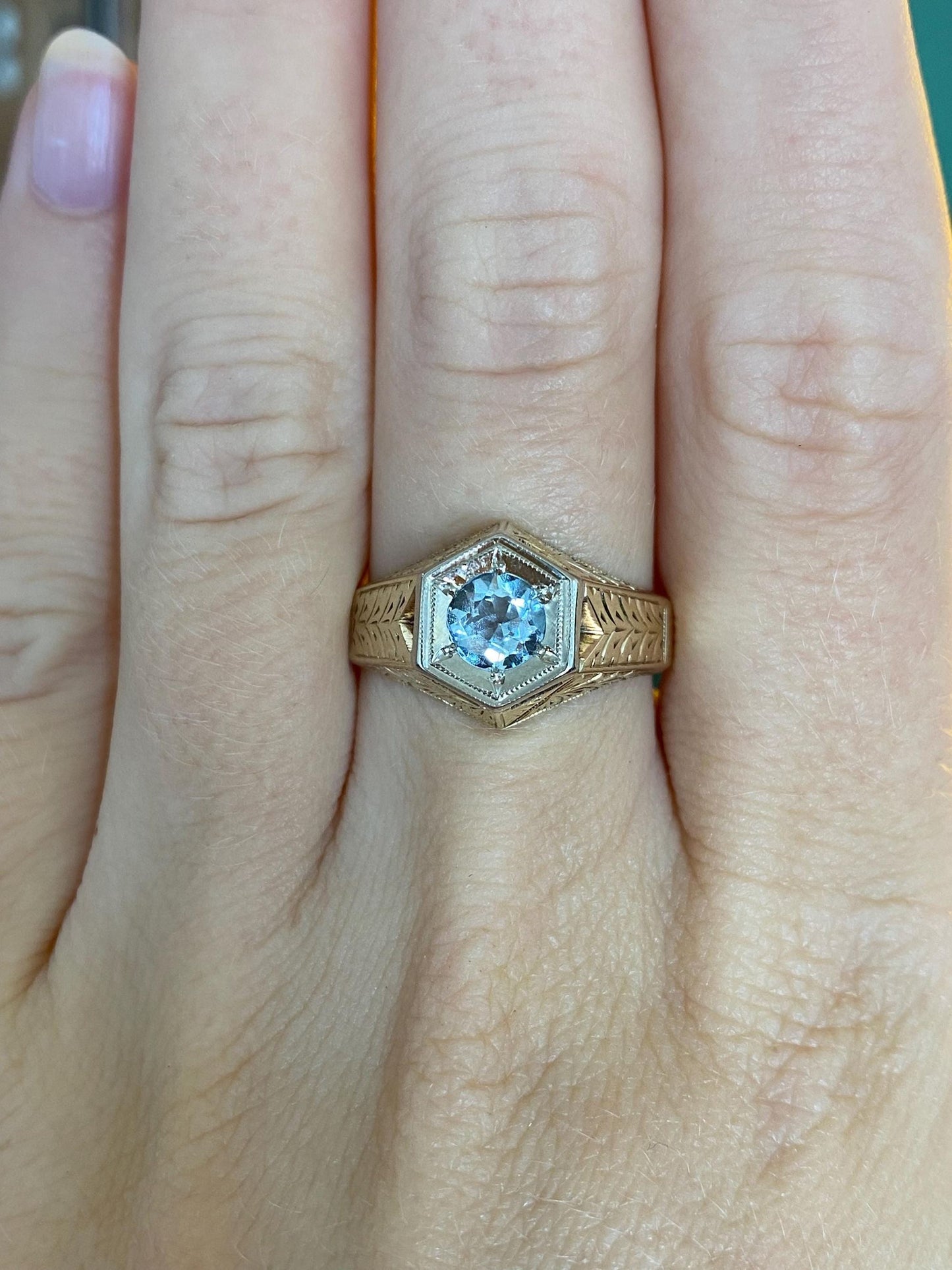Vintage Solid 14k White & Yellow Gold Aquamarine Art Deco Ring - Size 7.75