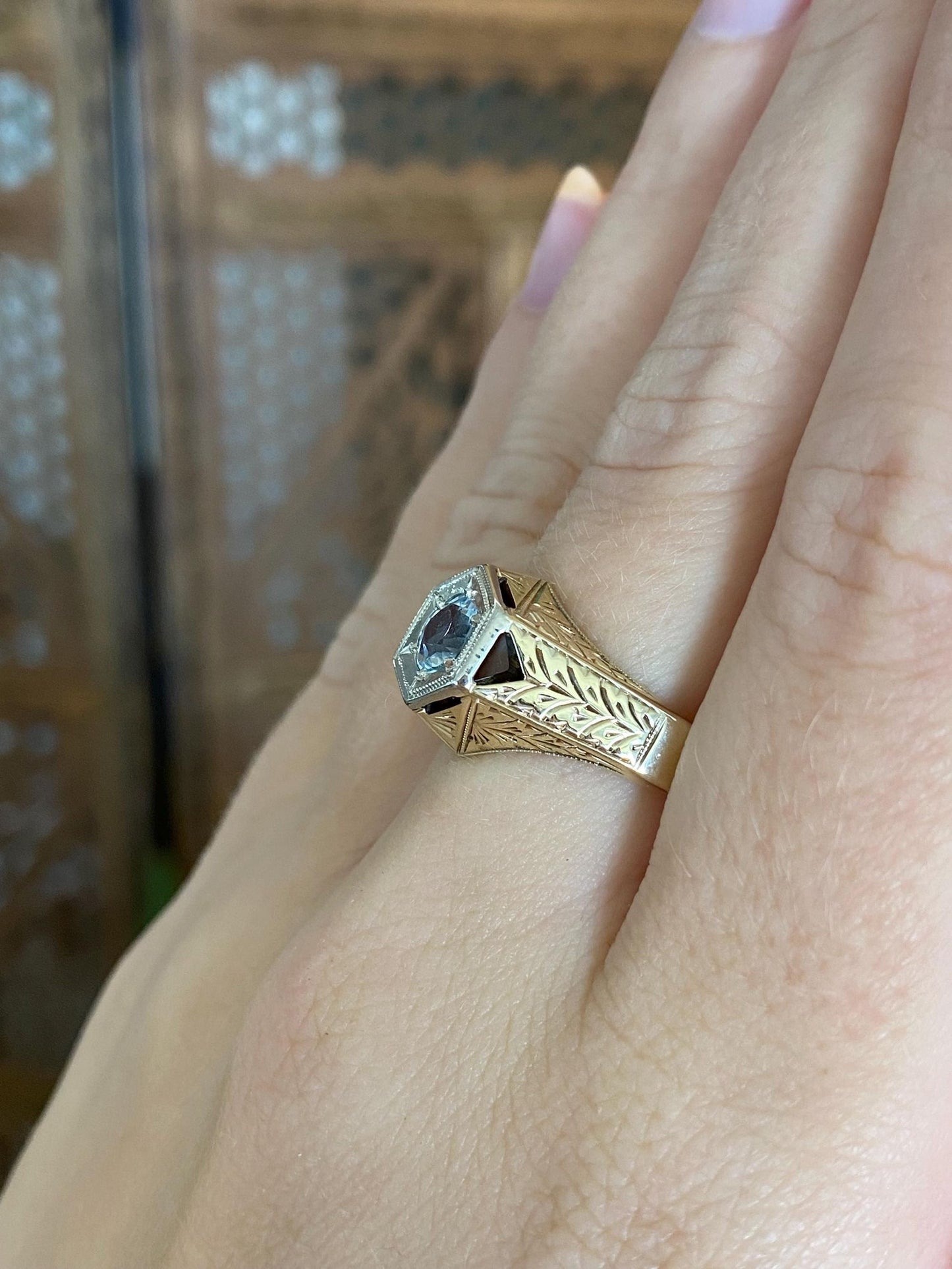 Vintage Solid 14k White & Yellow Gold Aquamarine Art Deco Ring - Size 7.75