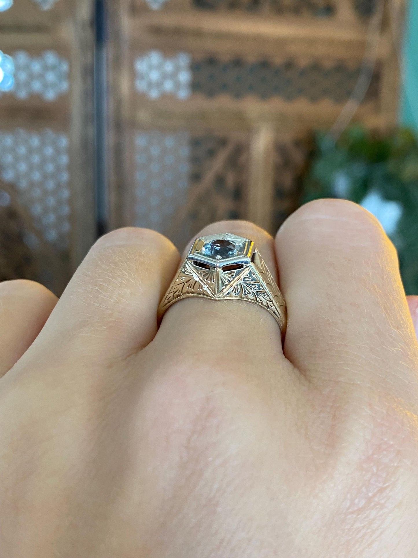 Vintage Solid 14k White & Yellow Gold Aquamarine Art Deco Ring - Size 7.75