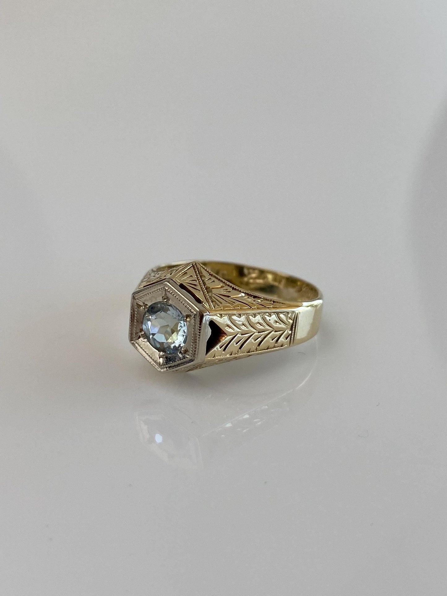 Vintage Solid 14k White & Yellow Gold Aquamarine Art Deco Ring - Size 7.75