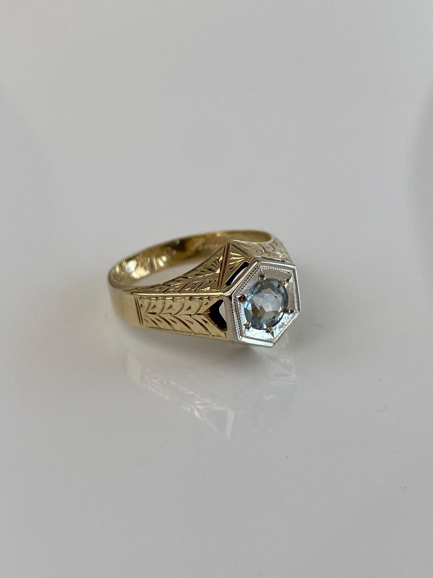 Vintage Solid 14k White & Yellow Gold Aquamarine Art Deco Ring - Size 7.75