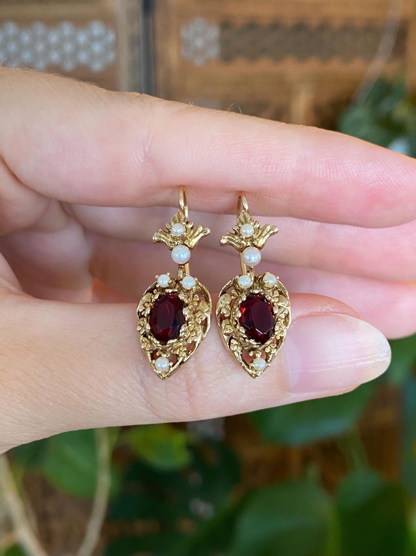 Vintage Solid 14k Yellow Gold Deep Red Cubic Zirconia Seed Pearls Ornate Heart Dangle Earrings