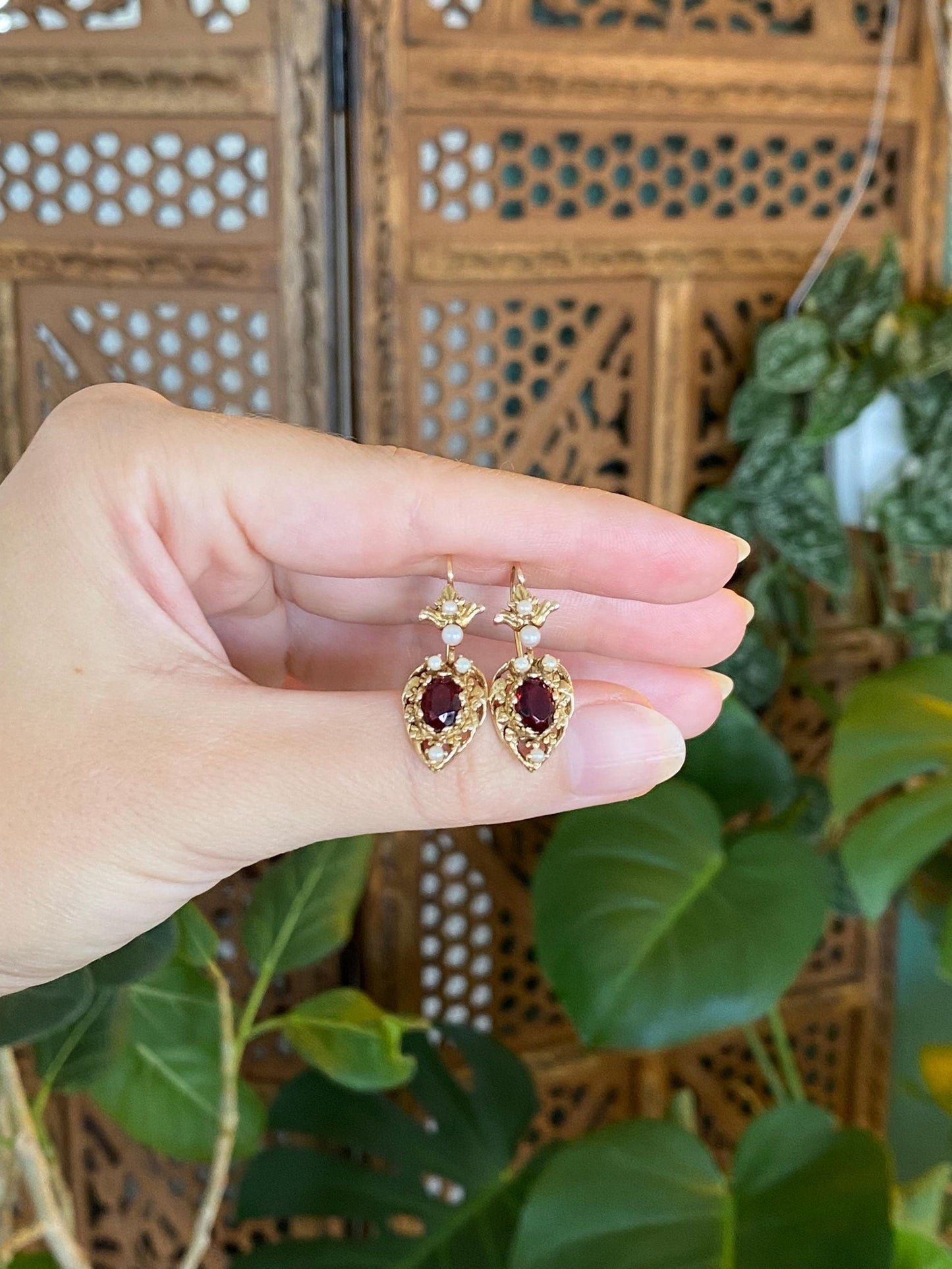 Vintage Solid 14k Yellow Gold Deep Red Cubic Zirconia Seed Pearls Ornate Heart Dangle Earrings