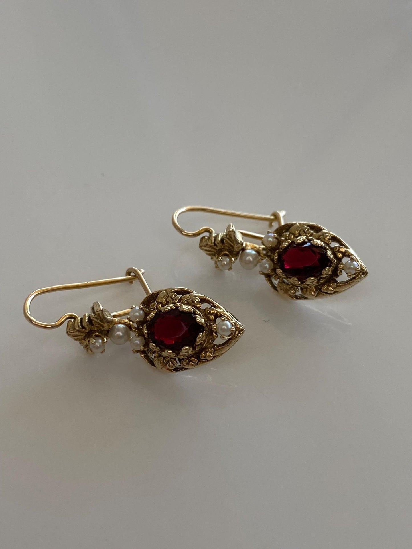 Vintage Solid 14k Yellow Gold Deep Red Cubic Zirconia Seed Pearls Ornate Heart Dangle Earrings