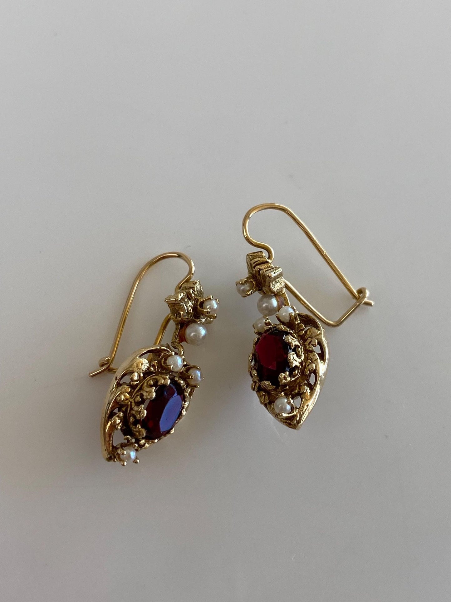 Vintage Solid 14k Yellow Gold Deep Red Cubic Zirconia Seed Pearls Ornate Heart Dangle Earrings