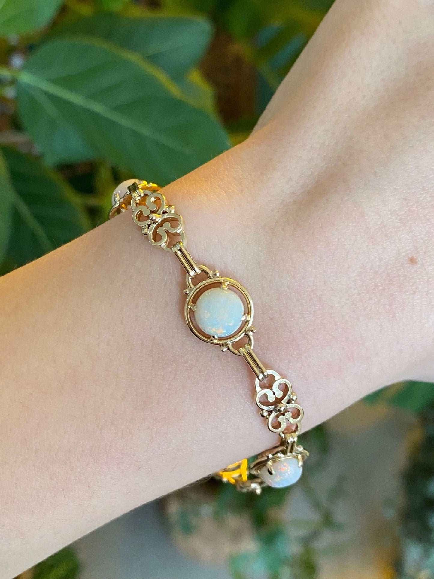 Vintage Solid 14k Yellow Gold Opal Fancy Link Bracelet - 7.5 inches