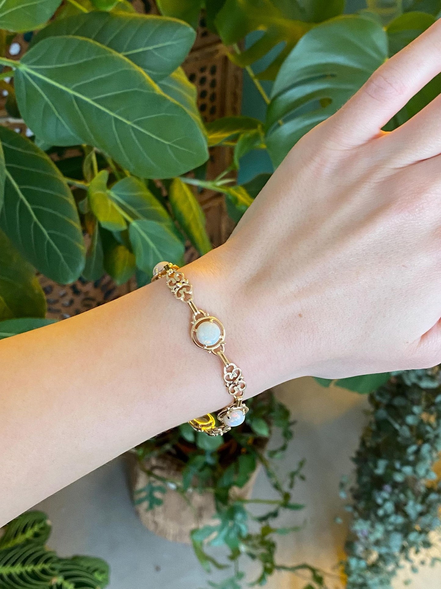 Vintage Solid 14k Yellow Gold Opal Fancy Link Bracelet - 7.5 inches