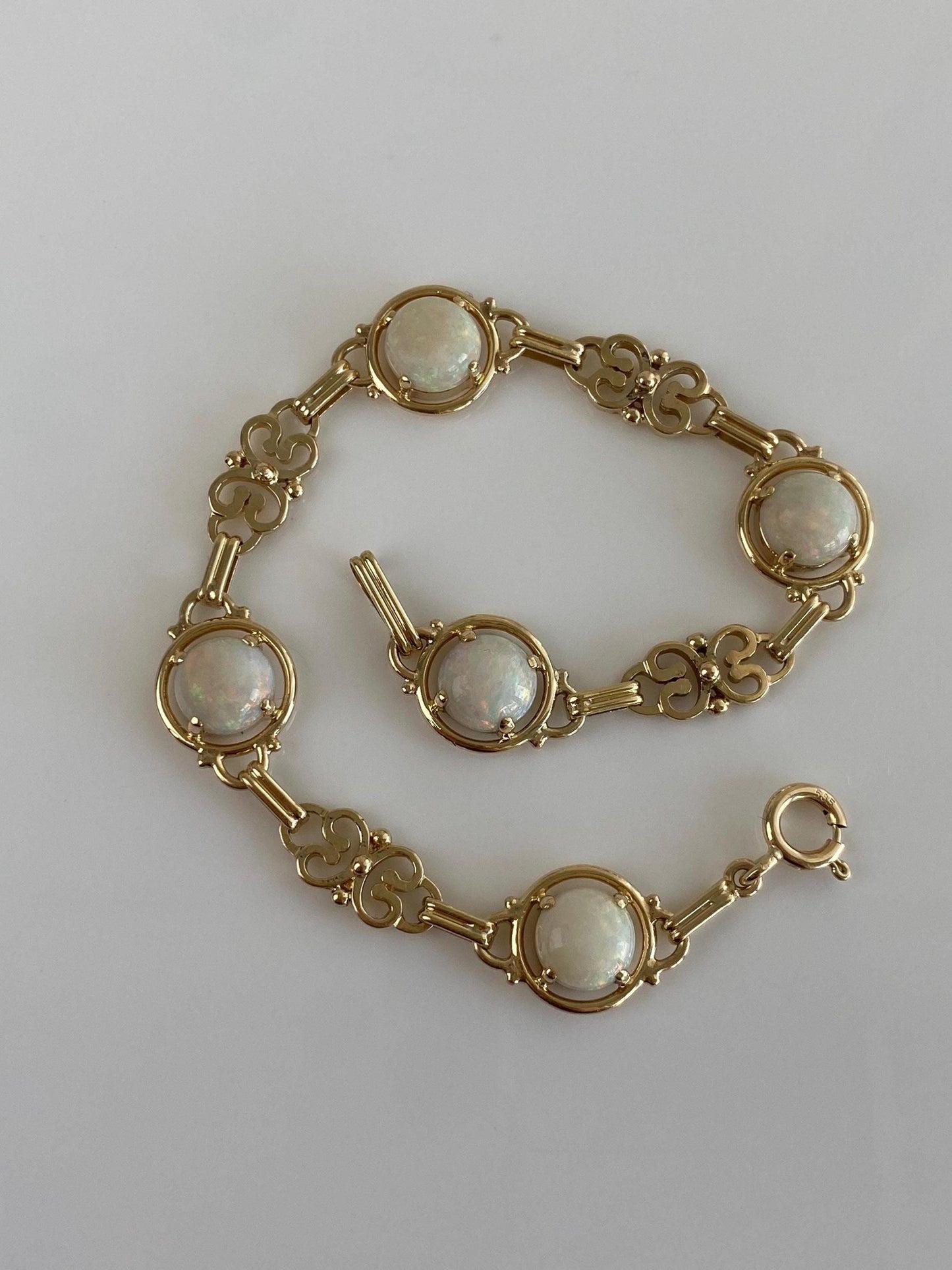 Vintage Solid 14k Yellow Gold Opal Fancy Link Bracelet - 7.5 inches
