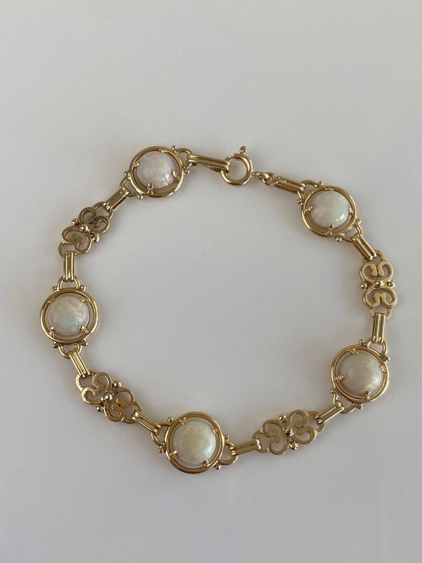 Vintage Solid 14k Yellow Gold Opal Fancy Link Bracelet - 7.5 inches