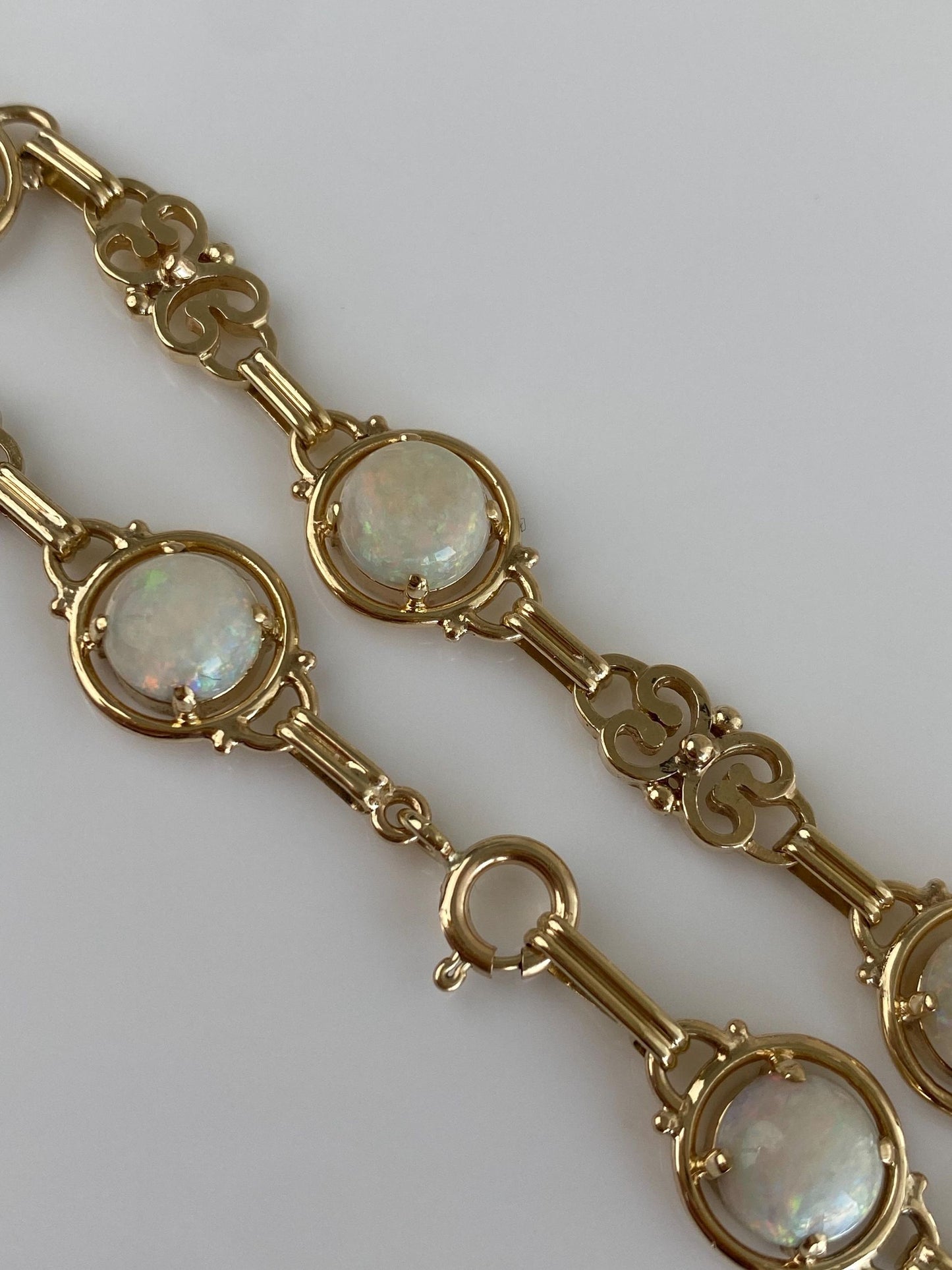 Vintage Solid 14k Yellow Gold Opal Fancy Link Bracelet - 7.5 inches