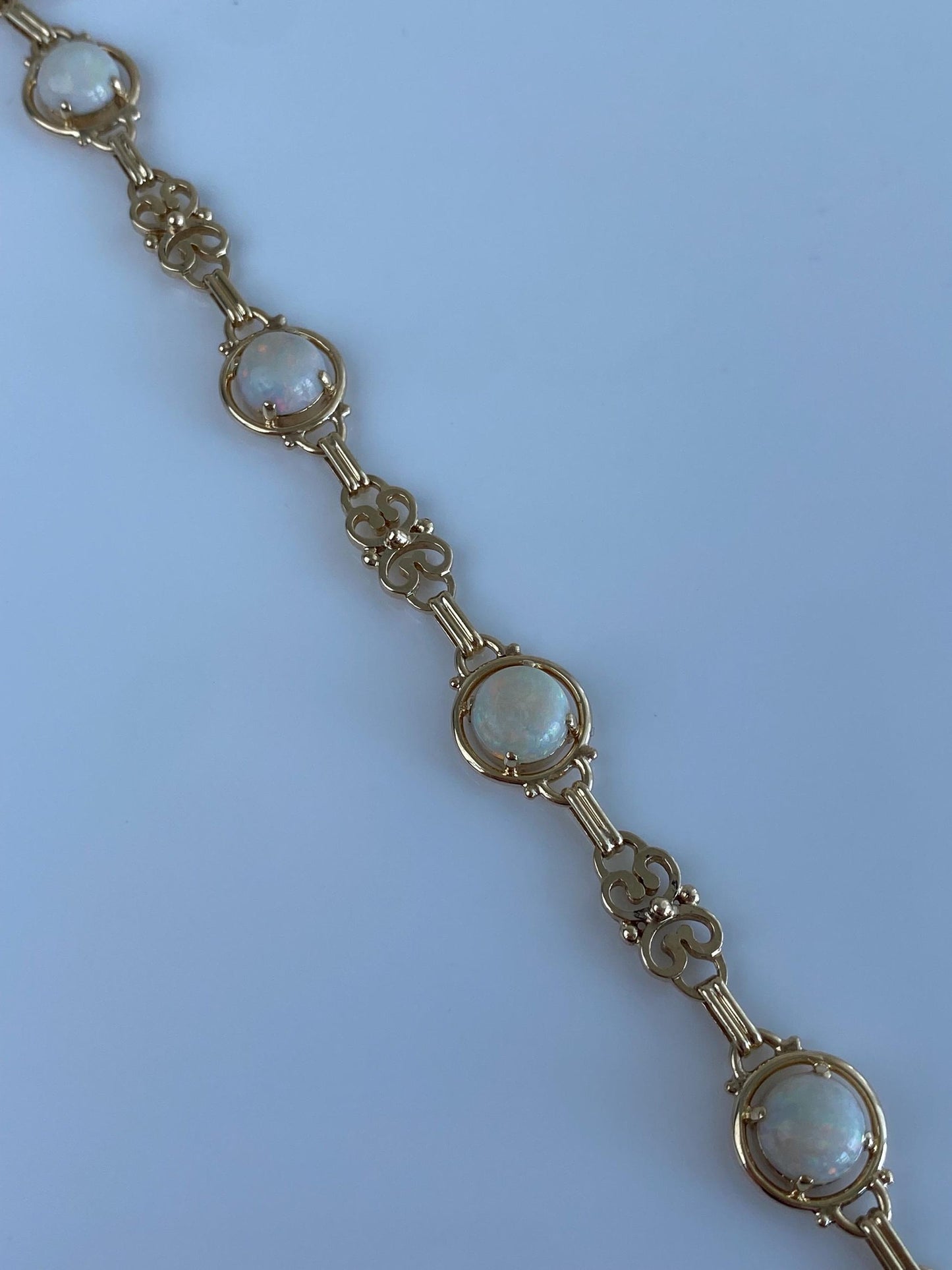 Vintage Solid 14k Yellow Gold Opal Fancy Link Bracelet - 7.5 inches