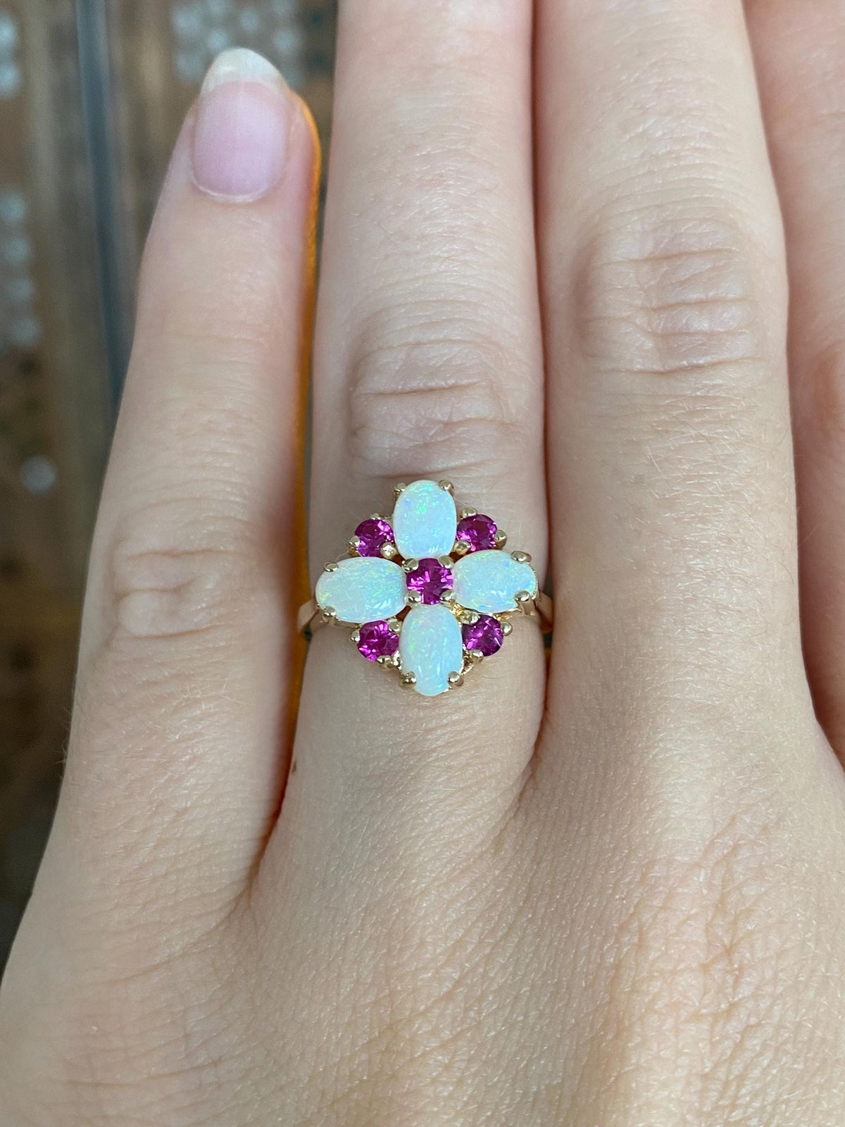 Vintage Solid 14k Yellow Gold Opals Pink Spinel Ring - Size 5.75