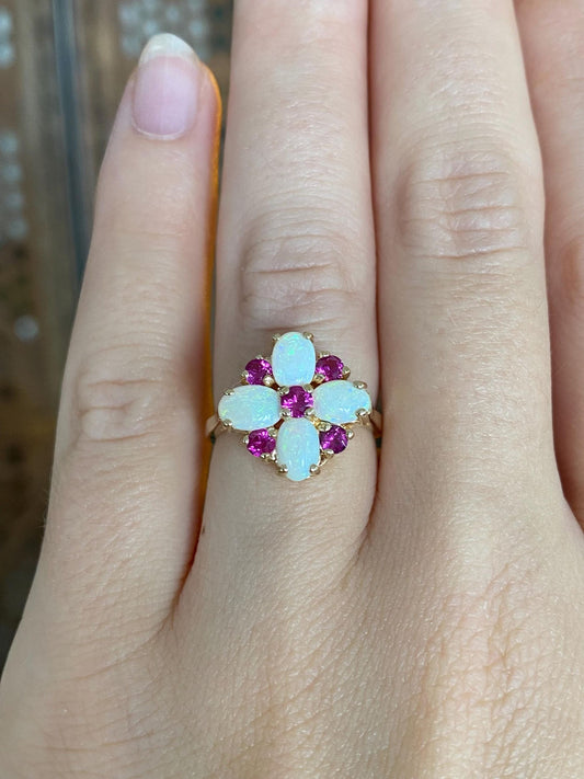 Vintage Solid 14k Yellow Gold Opals Pink Spinel Ring - Size 5.75