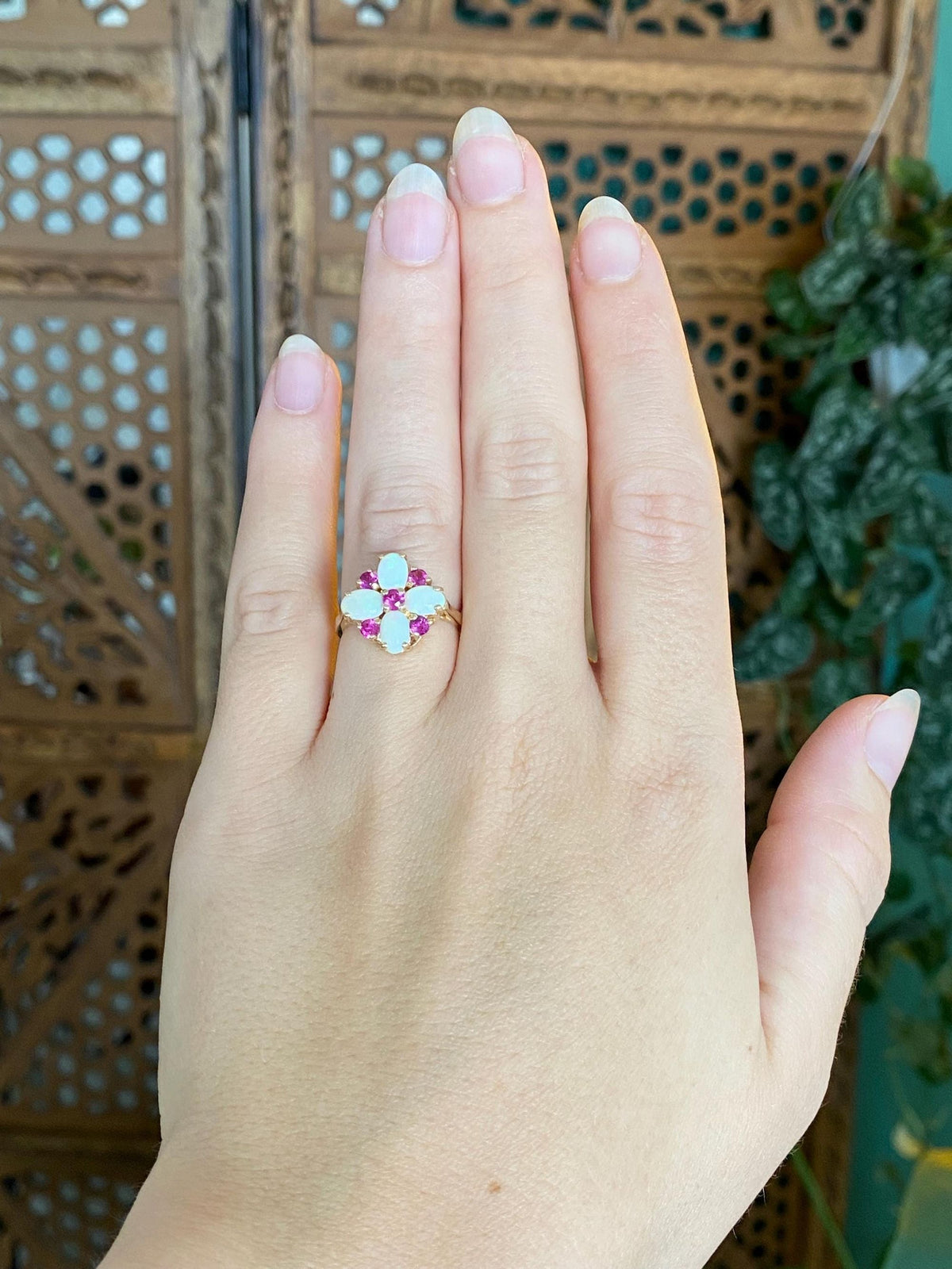 Vintage Solid 14k Yellow Gold Opals Pink Spinel Ring - Size 5.75