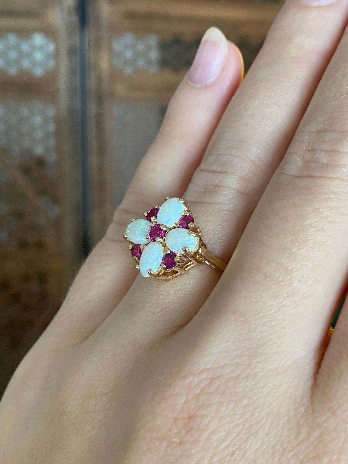 Vintage Solid 14k Yellow Gold Opals Pink Spinel Ring - Size 5.75