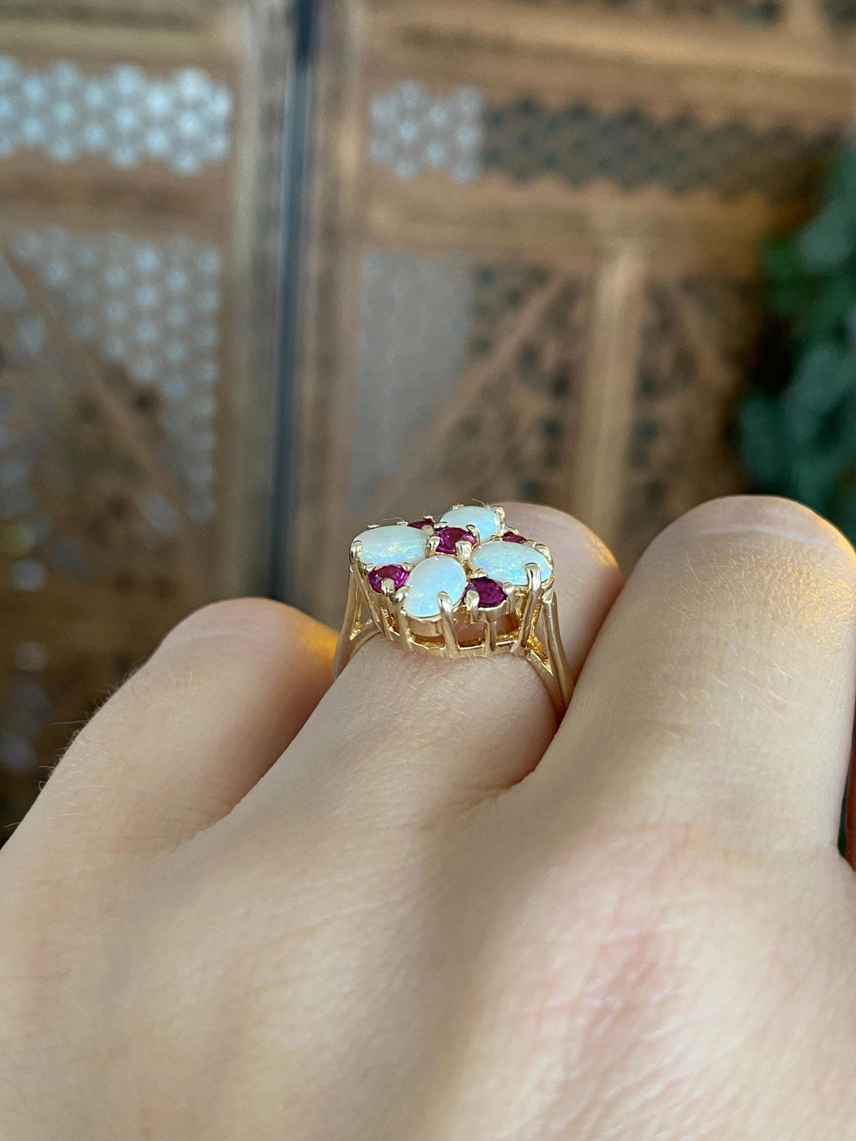 Vintage Solid 14k Yellow Gold Opals Pink Spinel Ring - Size 5.75