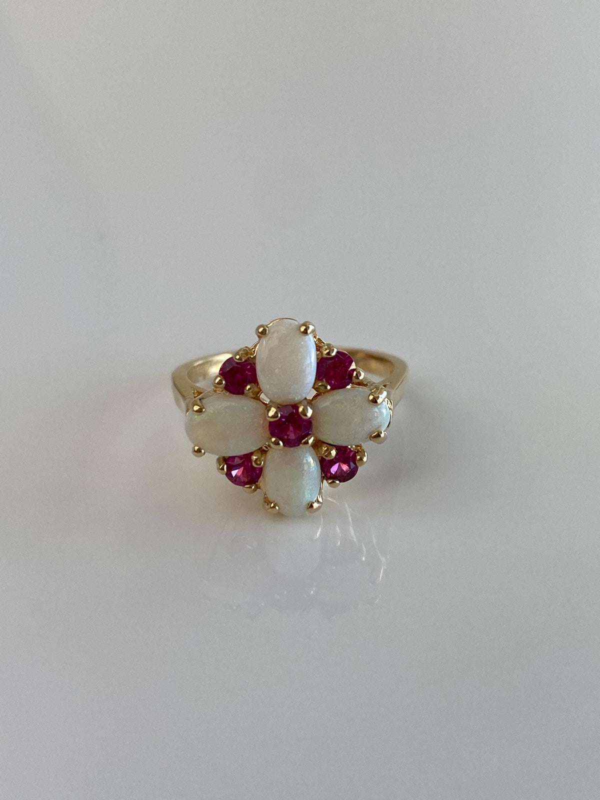Vintage Solid 14k Yellow Gold Opals Pink Spinel Ring - Size 5.75