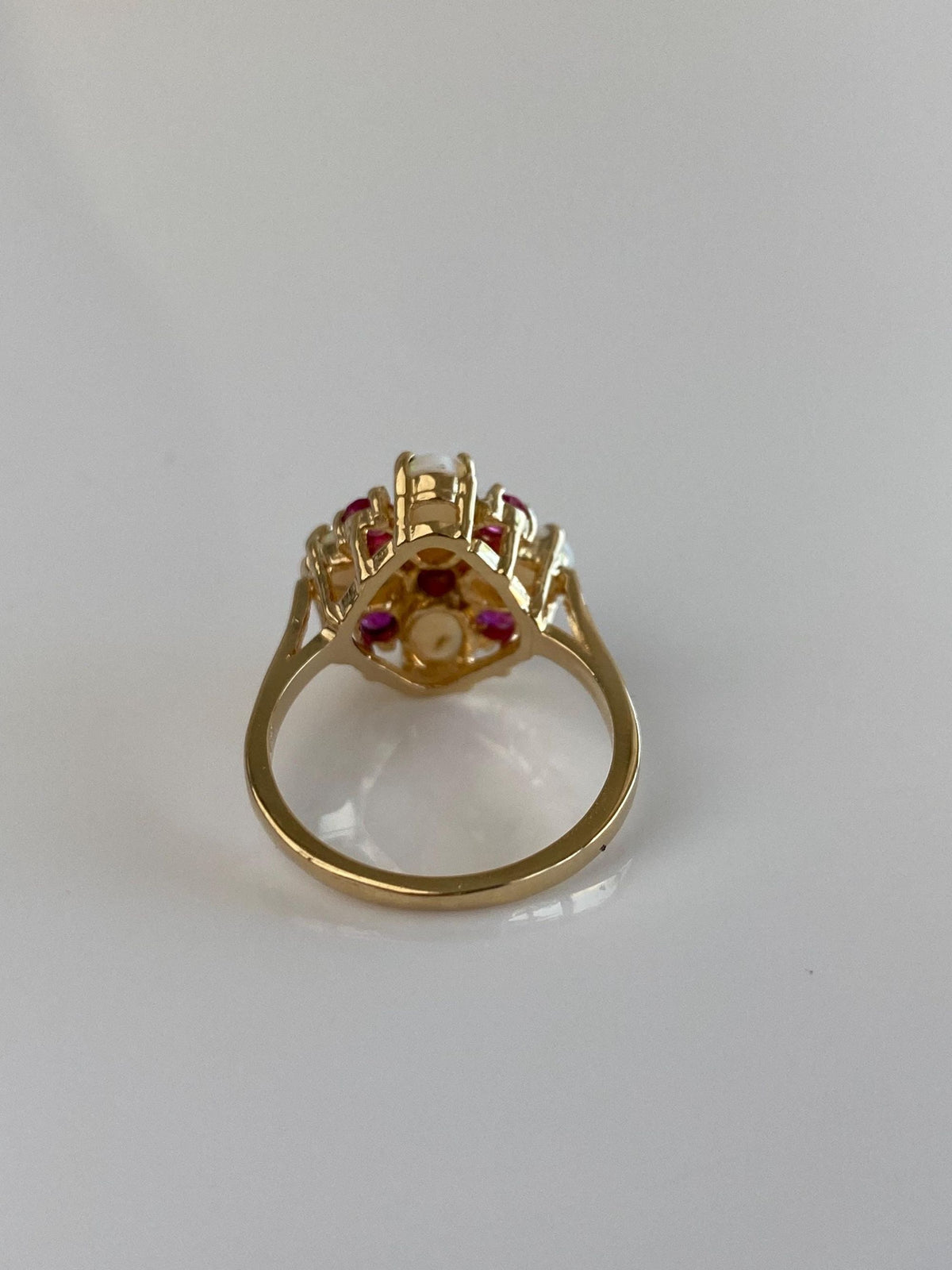 Vintage Solid 14k Yellow Gold Opals Pink Spinel Ring - Size 5.75