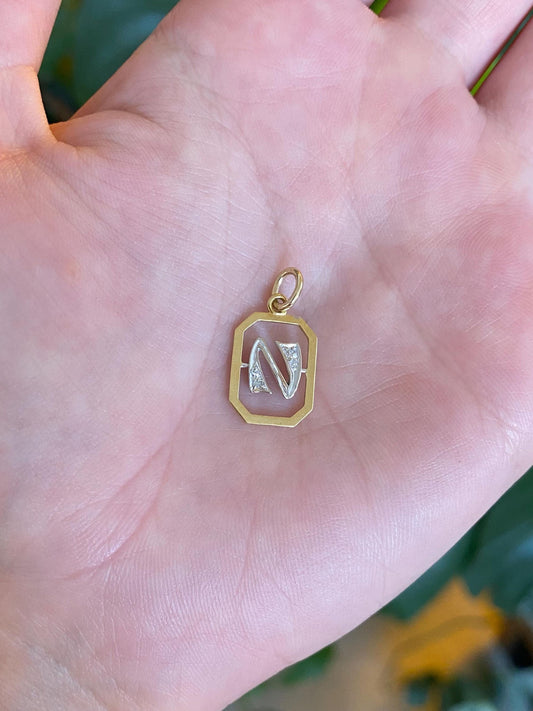 Vintage Solid 18k White & Yellow Gold Initial 'N' Charm