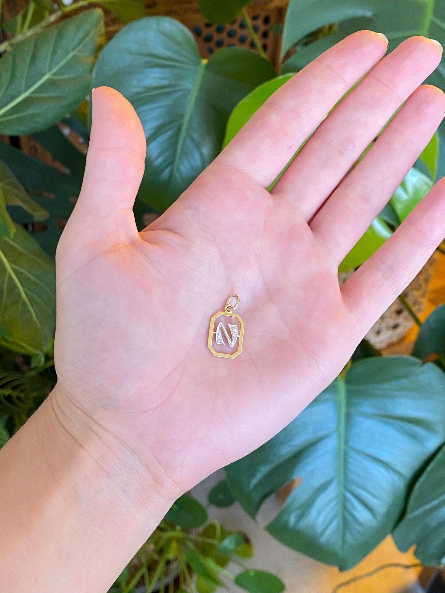 Vintage Solid 18k White & Yellow Gold Initial 'N' Charm