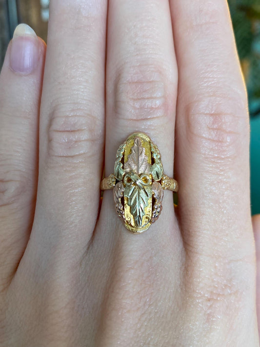 Vintage Solid 10k Black Hills Gold Leaf Marquis Ring - Size 7
