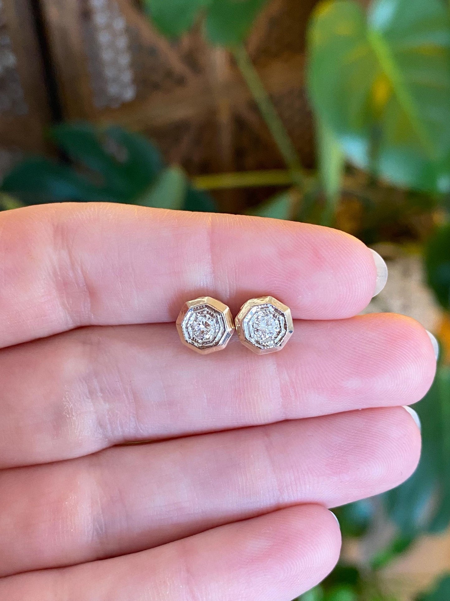 Vintage Solid 12k White & Yellow Gold Diamond Stud Earrings