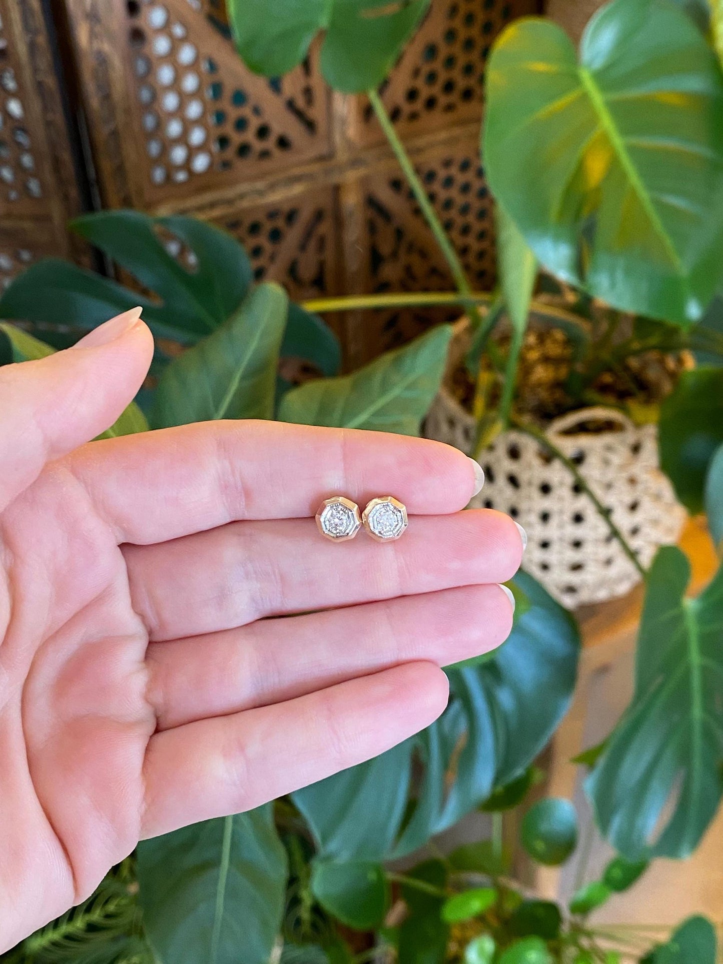 Vintage Solid 12k White & Yellow Gold Diamond Stud Earrings