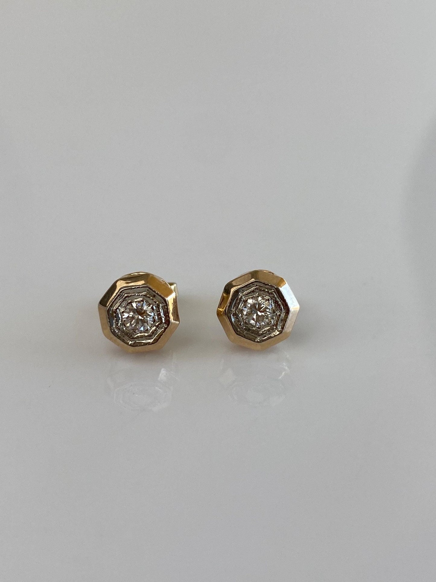 Vintage Solid 12k White & Yellow Gold Diamond Stud Earrings