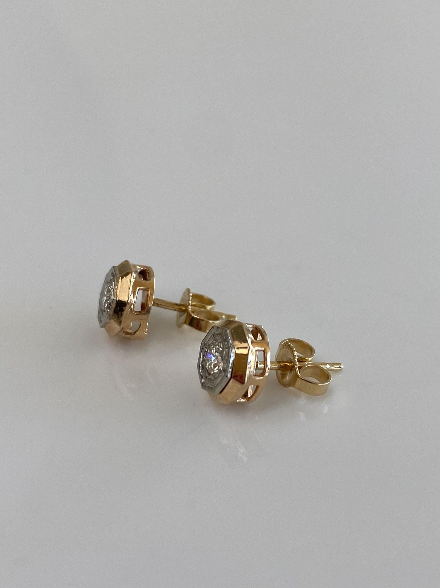 Vintage Solid 12k White & Yellow Gold Diamond Stud Earrings