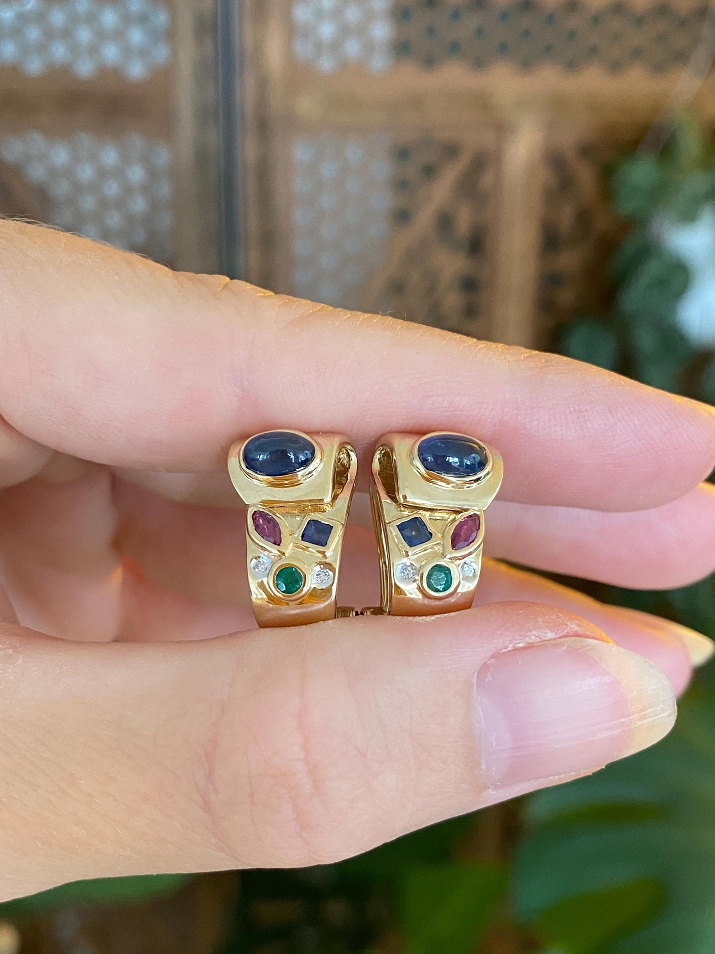 Vintage Solid 14k Yellow Gold Blue Sapphire Ruby Diamonds Emerald Drop Earrings