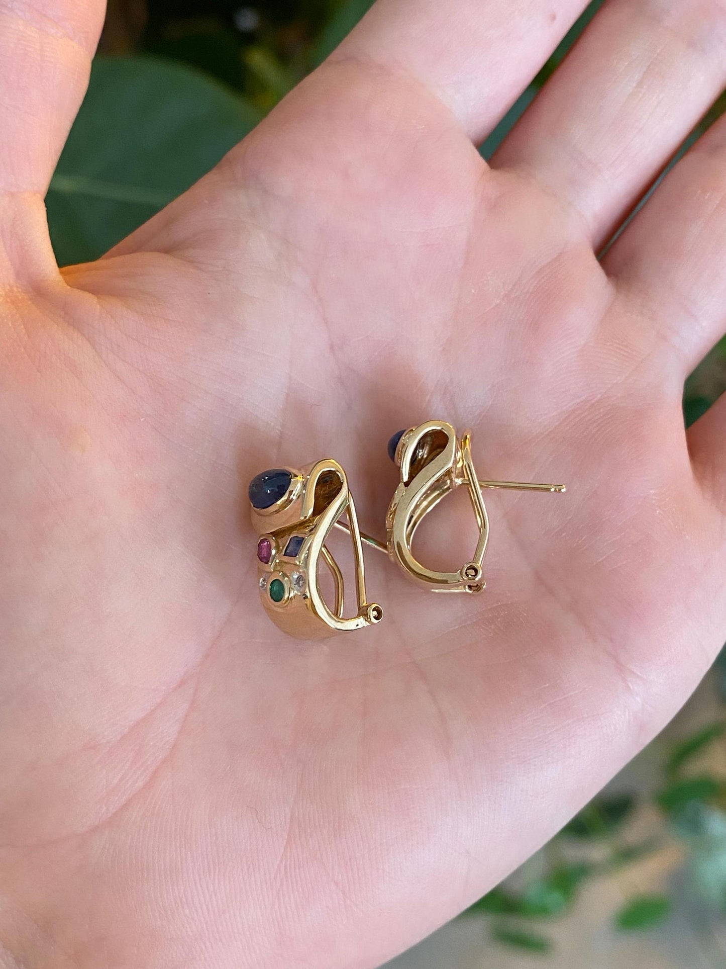Vintage Solid 14k Yellow Gold Blue Sapphire Ruby Diamonds Emerald Drop Earrings