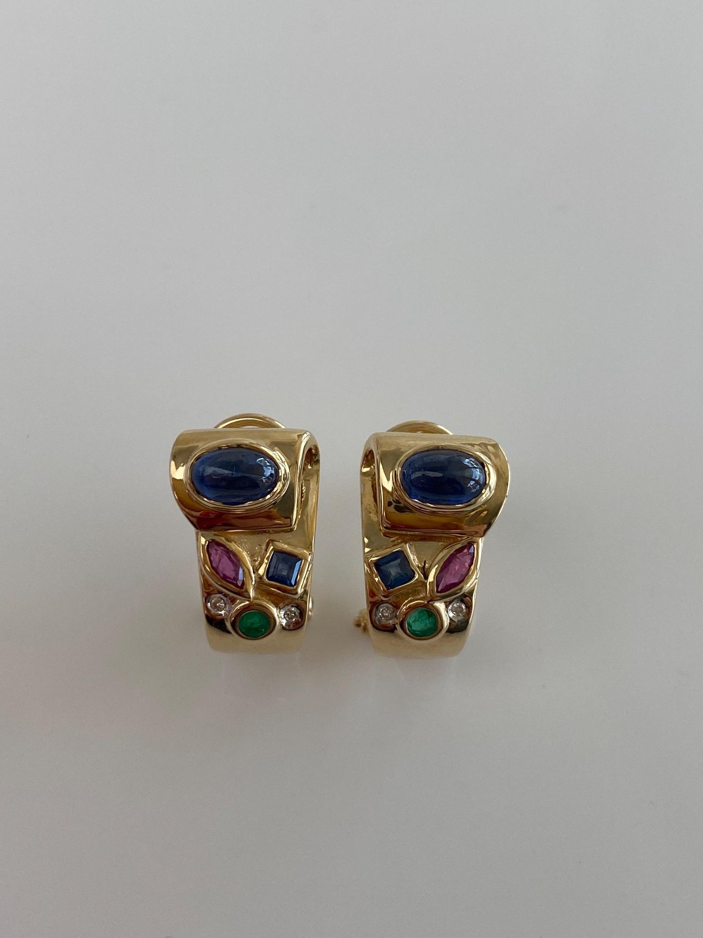 Vintage Solid 14k Yellow Gold Blue Sapphire Ruby Diamonds Emerald Drop Earrings