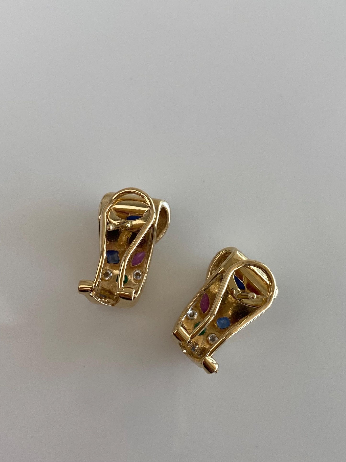 Vintage Solid 14k Yellow Gold Blue Sapphire Ruby Diamonds Emerald Drop Earrings