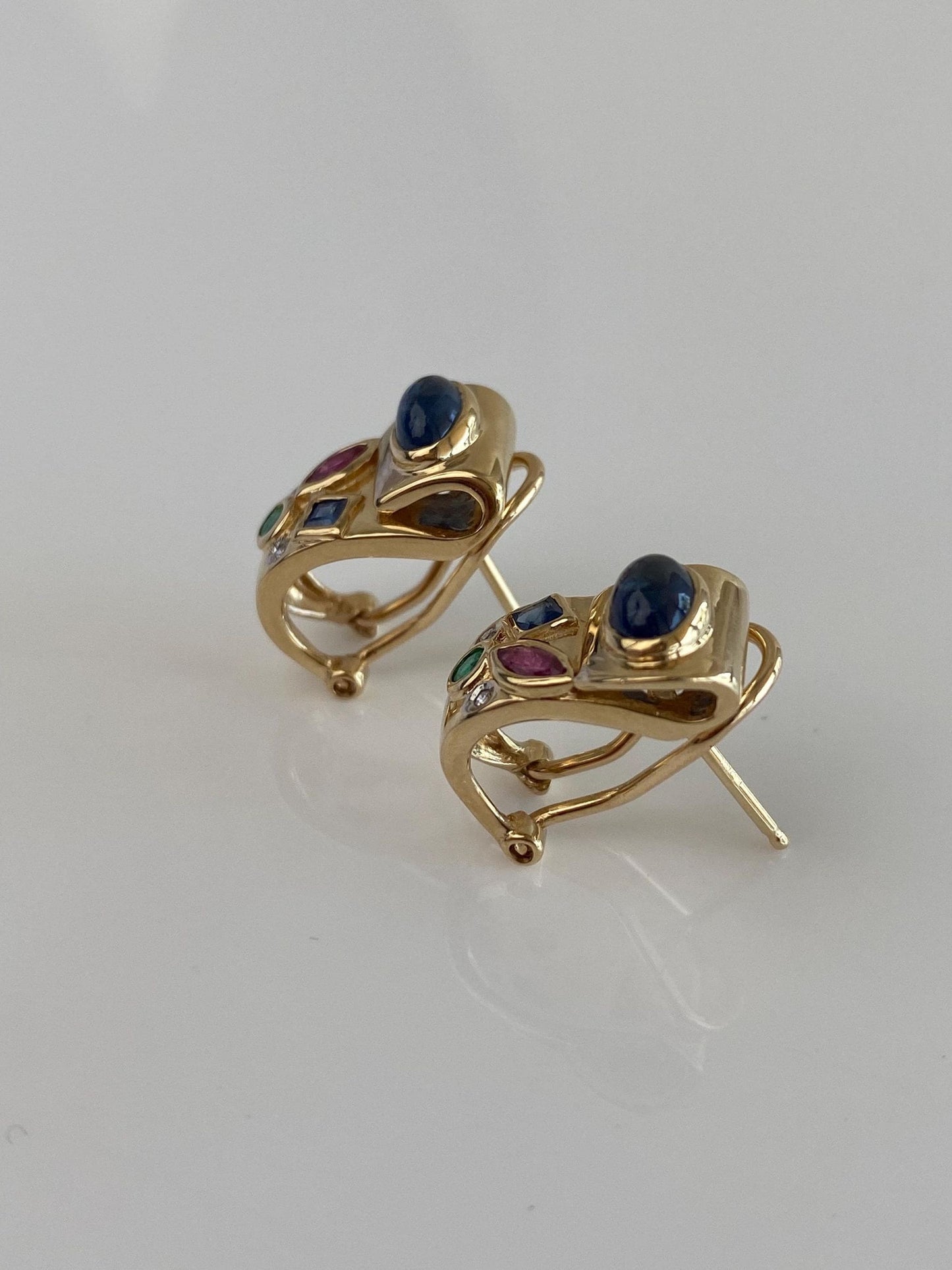 Vintage Solid 14k Yellow Gold Blue Sapphire Ruby Diamonds Emerald Drop Earrings