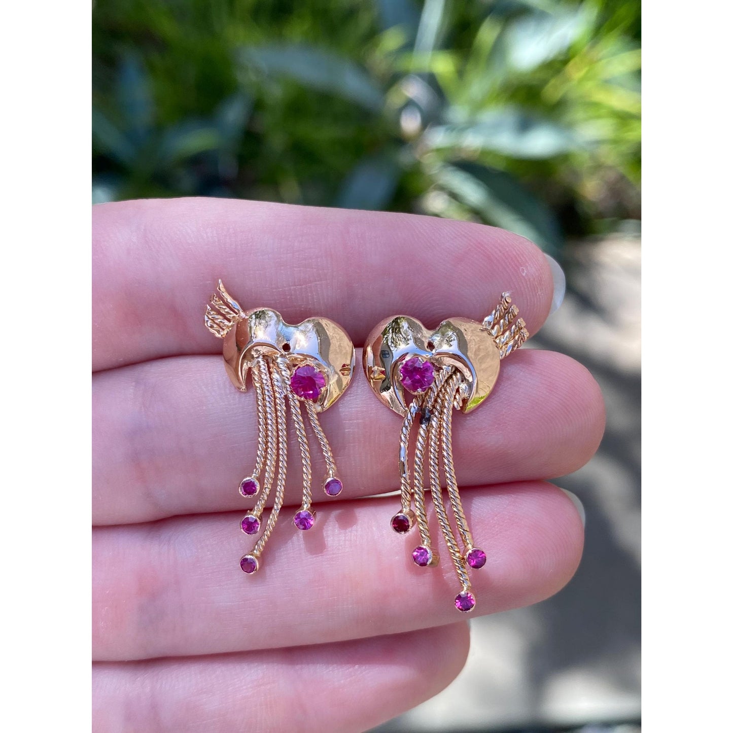 Solid 14k Yellow Gold Pink Spinel Fringe Stud Earrings
