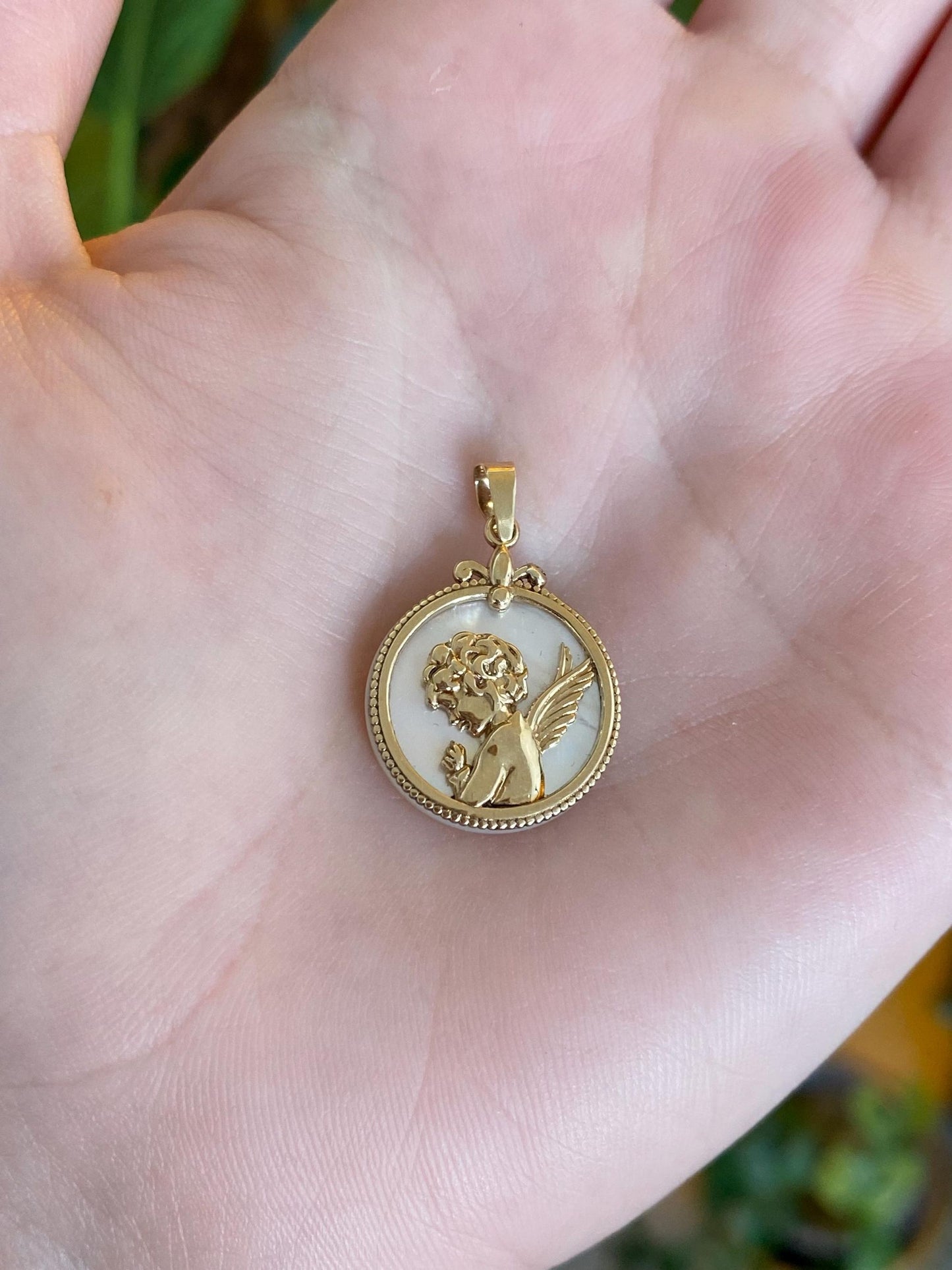 Vintage Solid 10k Yellow Gold Mother of Pearl Cherub Angel "Protect and Guide Me" Charm