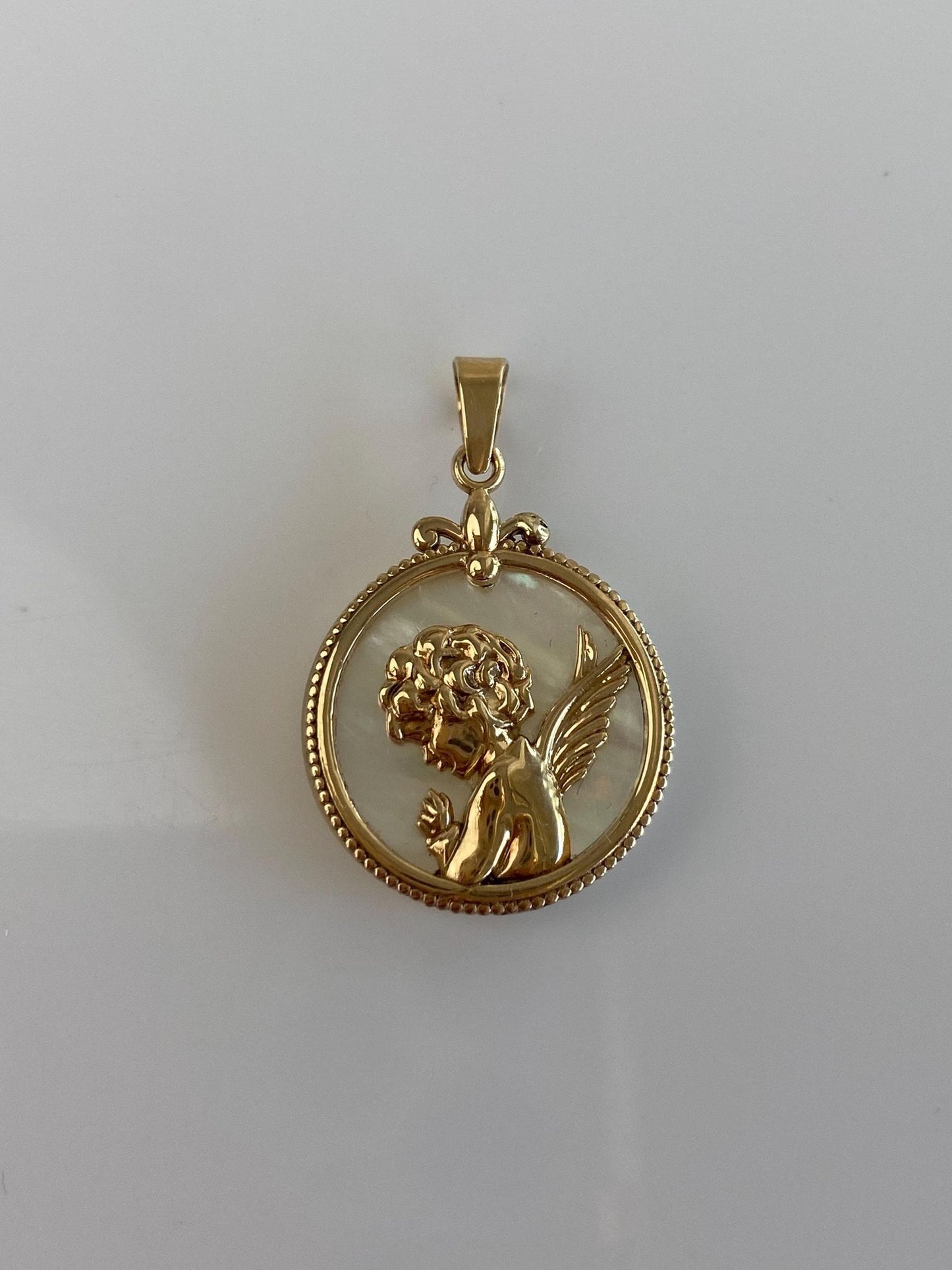 Vintage Solid 10k Yellow Gold Mother of Pearl Cherub Angel "Protect and Guide Me" Charm