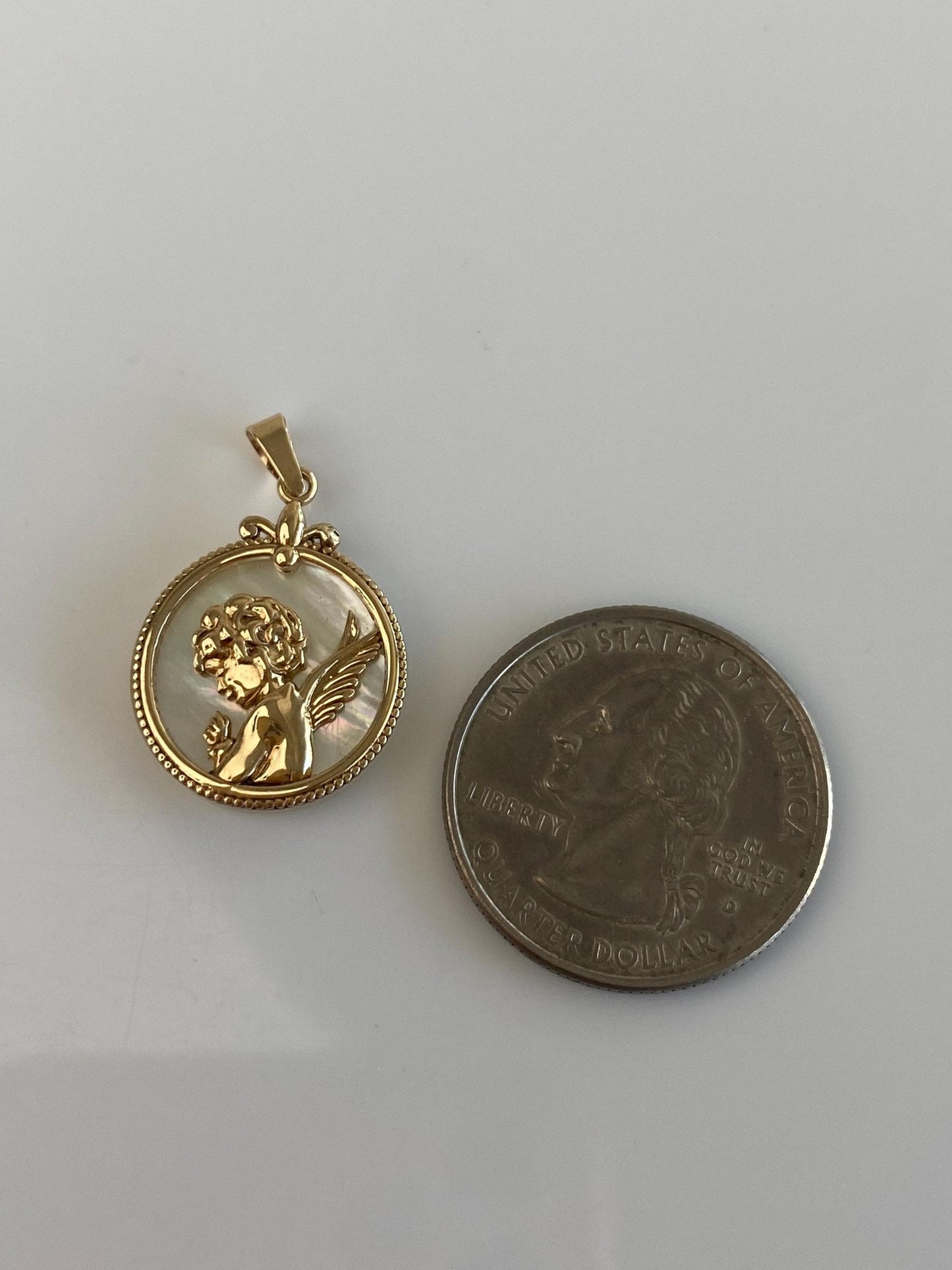 Vintage Solid 10k Yellow Gold Mother of Pearl Cherub Angel "Protect and Guide Me" Charm