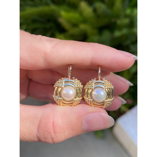 Vintage Solid 14k Yellow Gold Pearl Drop Earrings