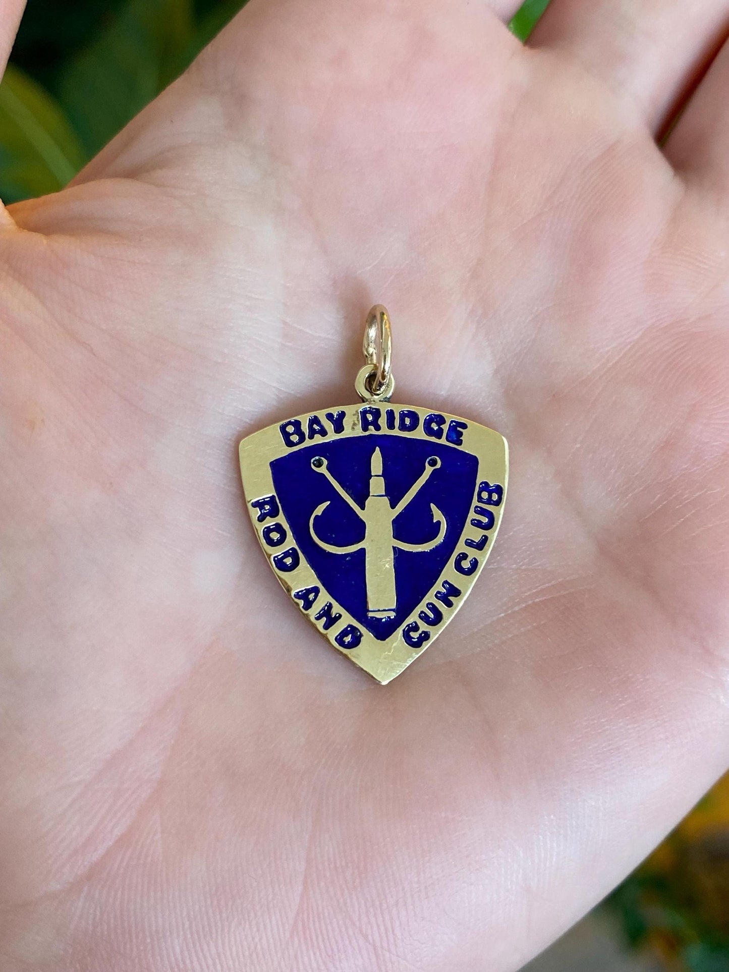 Vintage Solid 14k Yellow Gold Blue Enamel Bay Ridge Fishing Club Charm