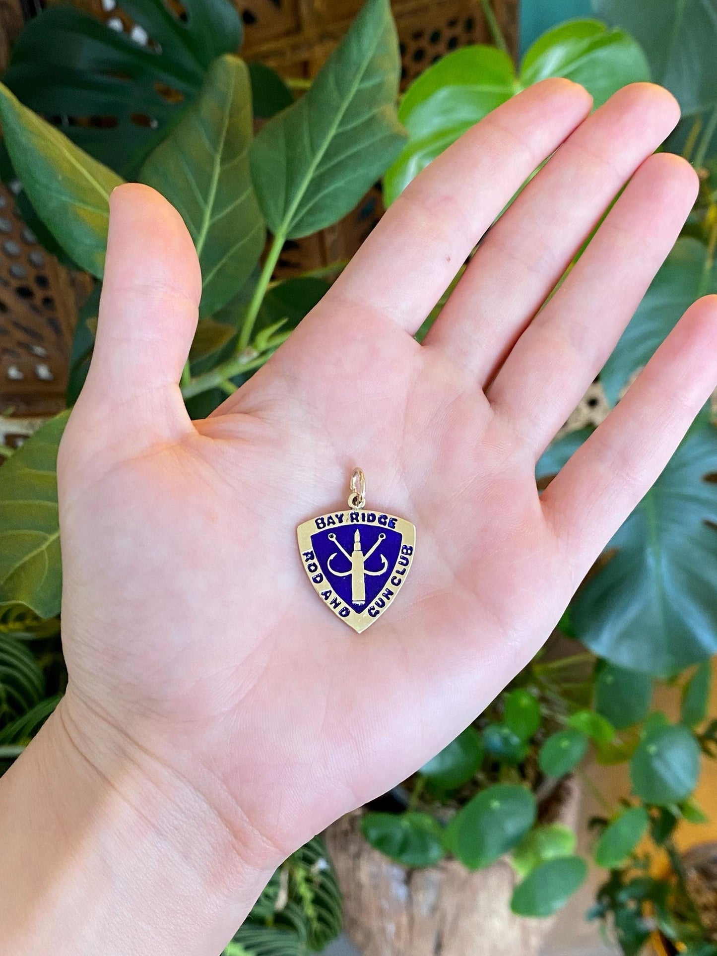 Vintage Solid 14k Yellow Gold Blue Enamel Bay Ridge Fishing Club Charm