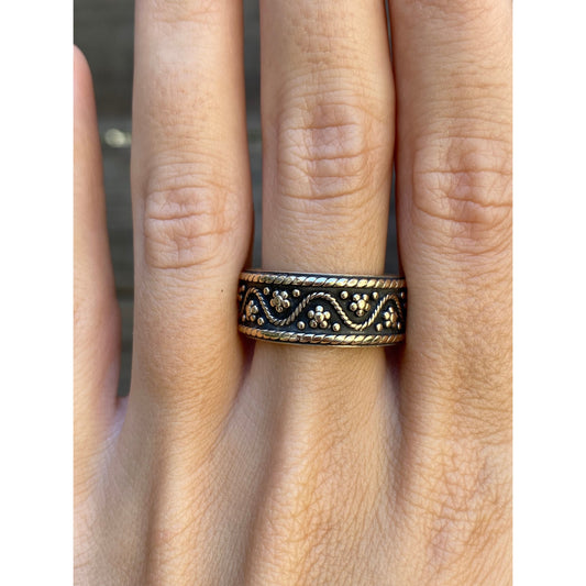 Vintage Solid 14k Yellow Gold Chunky Oxidized Designed Ring Band - Size 10